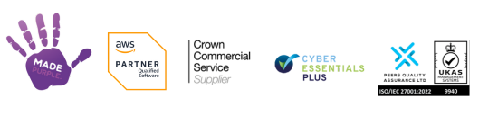 Made Purple accreditations: AWS Partner, Crown Commercial Service Supplier, Cyber Essentials Plus, ISO 27001:2022 UKAS Approved